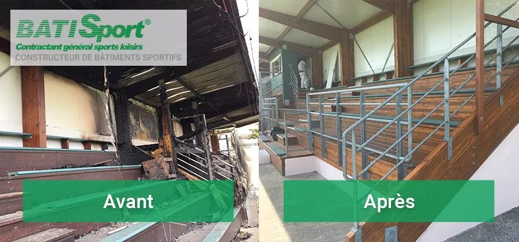 Avant et apres renovation de la tribune vestiaires de ris orangis par batisport.